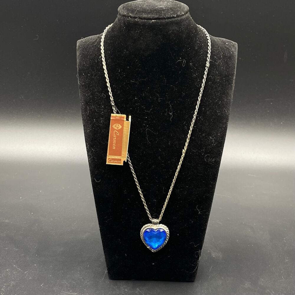 Blue Acrylic Faceted Heart Cabochon Pendant Carmen Made in Korea Necklace 18"